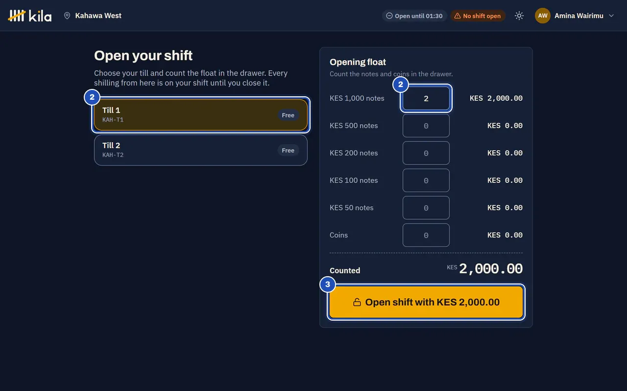 Open your shift: Till 1 chosen and two KES 1,000 notes counted (2), and the Open shift with KES 2,000.00 button (3).