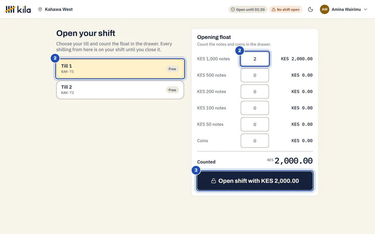 Open your shift: Till 1 chosen and two KES 1,000 notes counted (2), and the Open shift with KES 2,000.00 button (3).