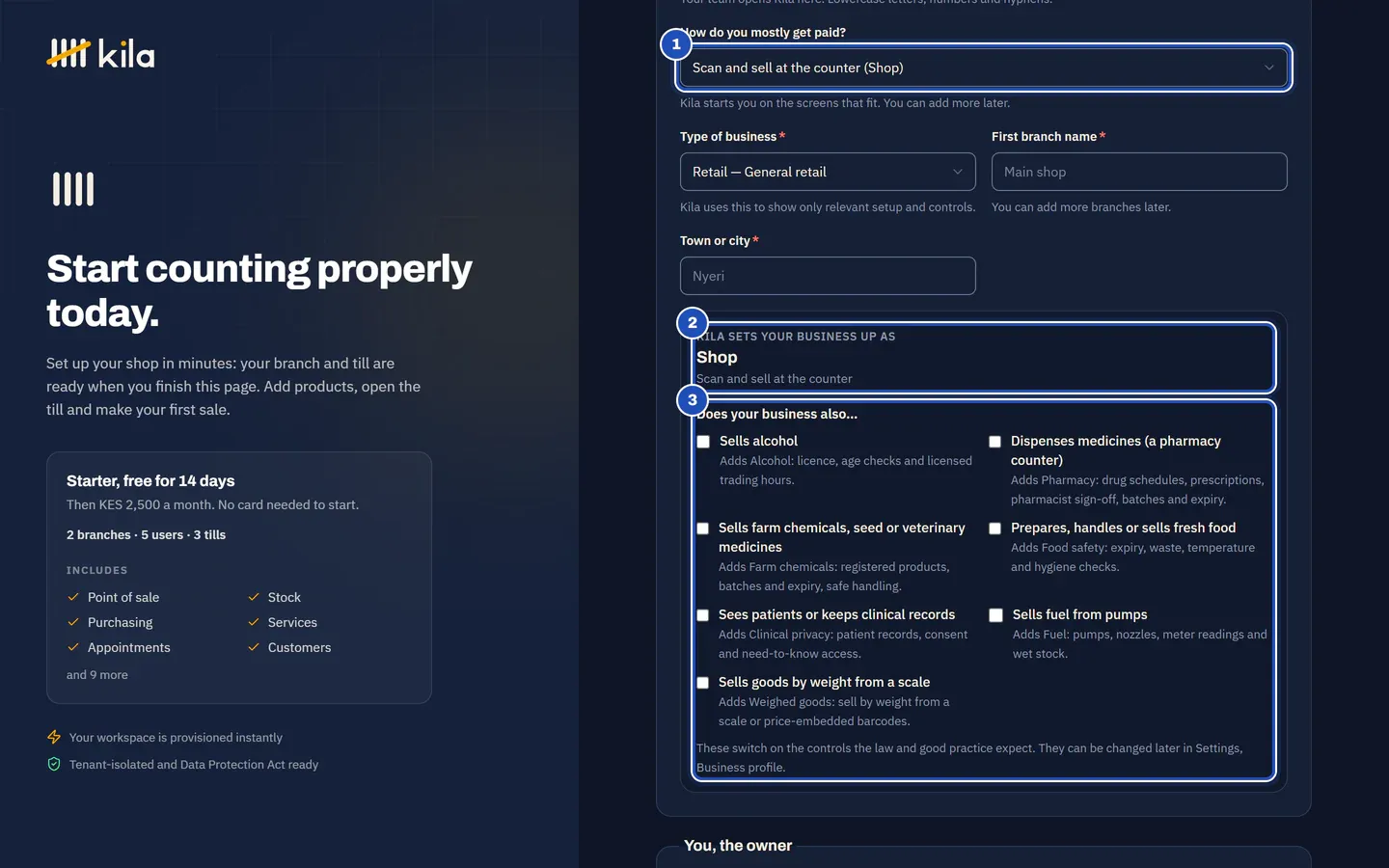 The sign-up form: How do you mostly get paid? is answered Scan and sell at the counter (Shop) (1), Kila sets your business up as Shop (2), and the questions under Does your business also… (3).