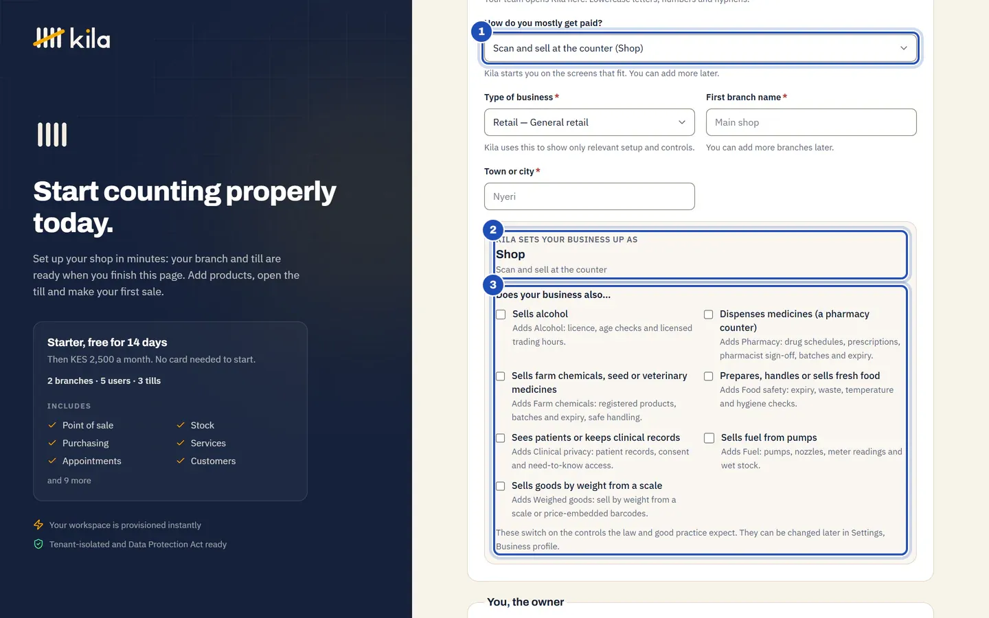 The sign-up form: How do you mostly get paid? is answered Scan and sell at the counter (Shop) (1), Kila sets your business up as Shop (2), and the questions under Does your business also… (3).
