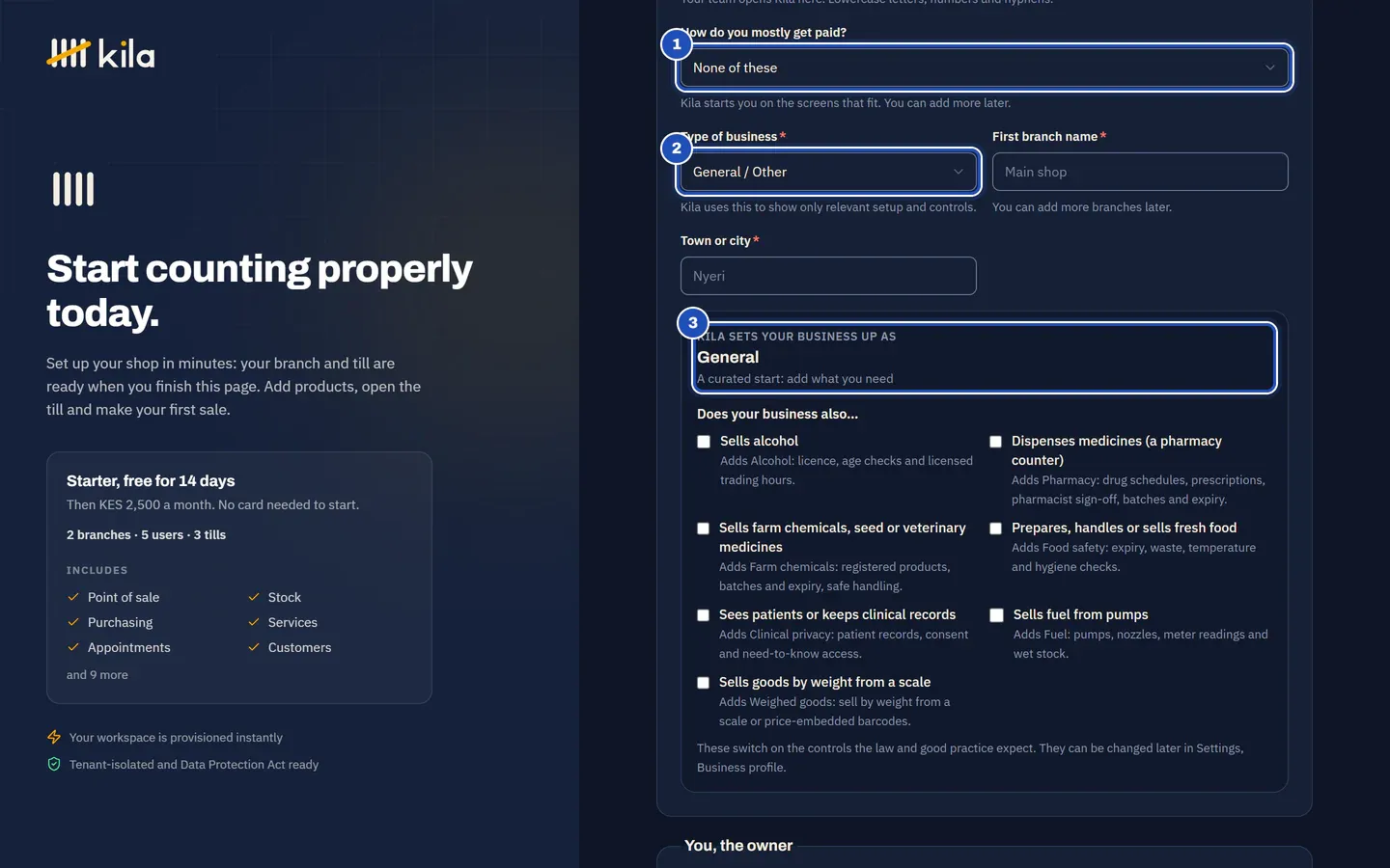 The sign-up form: How do you mostly get paid? answered None of these (1), so the only Type of business left is General / Other (2), and Kila sets your business up as General: A curated start: add what you need (3).