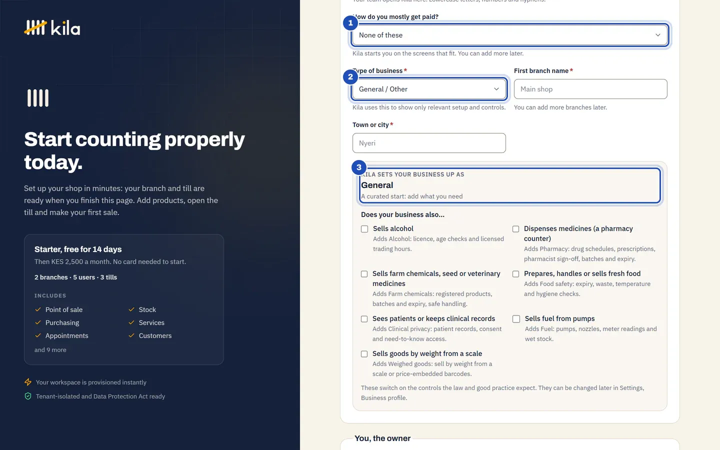 The sign-up form: How do you mostly get paid? answered None of these (1), so the only Type of business left is General / Other (2), and Kila sets your business up as General: A curated start: add what you need (3).