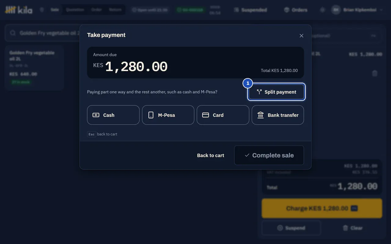 Take payment for KES 1,280.00, with Split payment marked 1 under the question Paying part one way and the rest another, such as cash and M-Pesa?