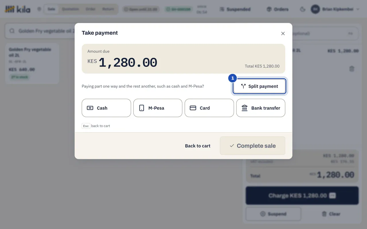 Take payment for KES 1,280.00, with Split payment marked 1 under the question Paying part one way and the rest another, such as cash and M-Pesa?