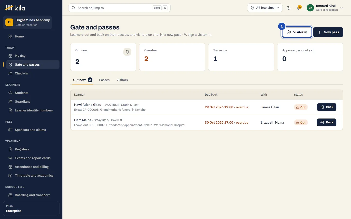 Gate and passes for Bernard Kirui, Gate or reception at Bright Minds Academy: Visitor in (1) and New pass at the top, the counts Out now, Overdue, To decide and Approved, not out yet, and the learners out now with Back beside each.