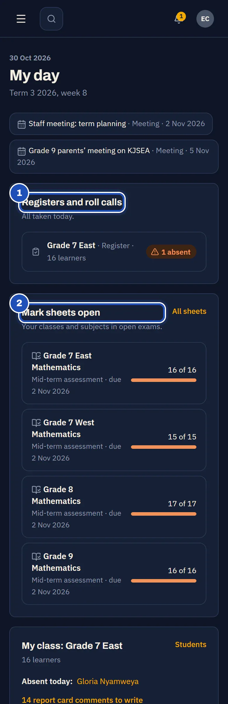 My day for Esther Chepkoech, Class teacher at Bright Minds Academy: Registers and roll calls (1) with the Grade 7 East register, Mark sheets open (2) with her Mathematics sheets, and My class: Grade 7 East with who is absent today.