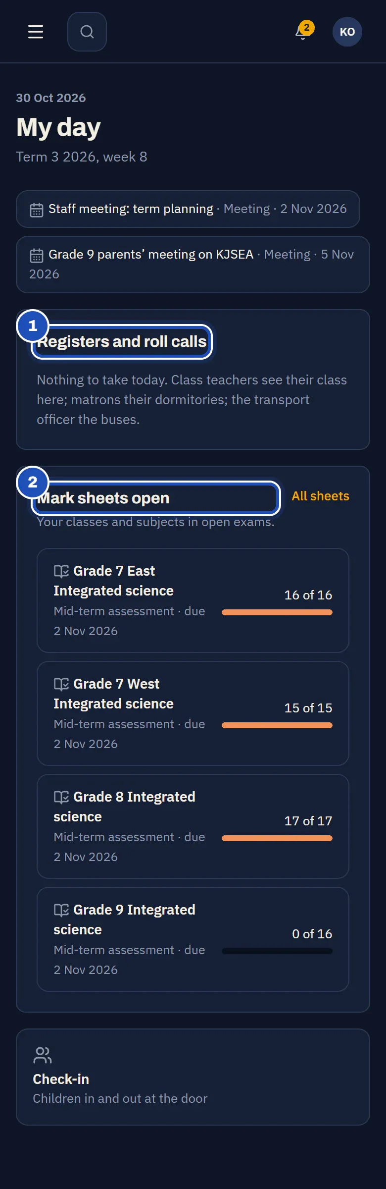 My day for Kevin Otieno, Teacher at Bright Minds Academy: Registers and roll calls (1) with nothing to take today, and Mark sheets open (2) with Integrated science for Grades 7 East, 7 West, 8 and 9.