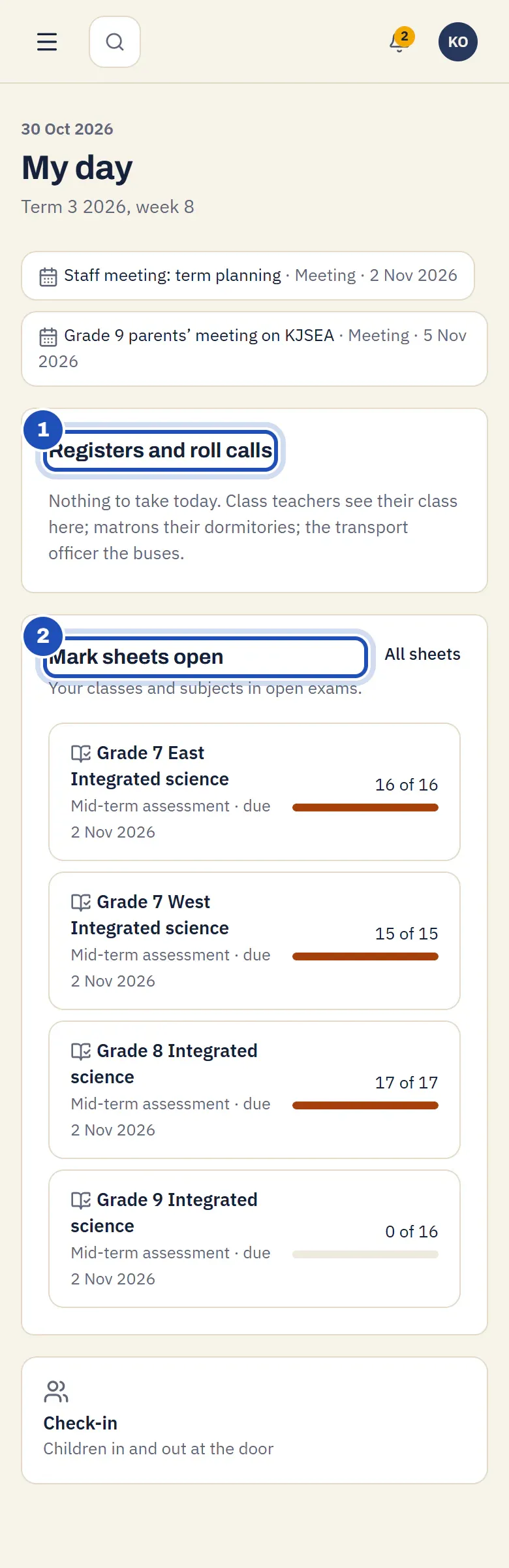 My day for Kevin Otieno, Teacher at Bright Minds Academy: Registers and roll calls (1) with nothing to take today, and Mark sheets open (2) with Integrated science for Grades 7 East, 7 West, 8 and 9.