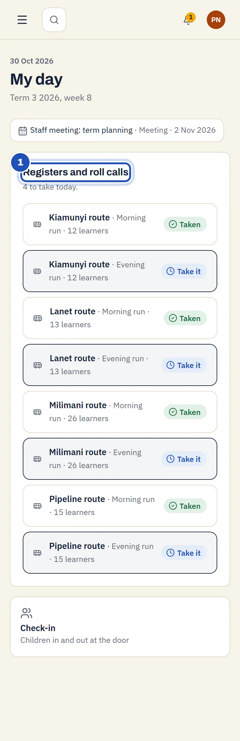 My day for Peter Ndungu, Transport officer at Bright Minds Academy: Registers and roll calls (1) with the morning and evening runs of the Kiamunyi, Lanet, Milimani and Pipeline routes.