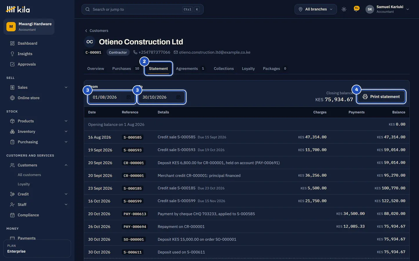 Otieno Construction Ltd's statement tab (2) for the last 90 days (3): the opening balance, credit sales with their due dates, a deposit, a payment by cheque and a repayment, each with the balance after it, and the closing balance at the top. Print statement is marked 4.