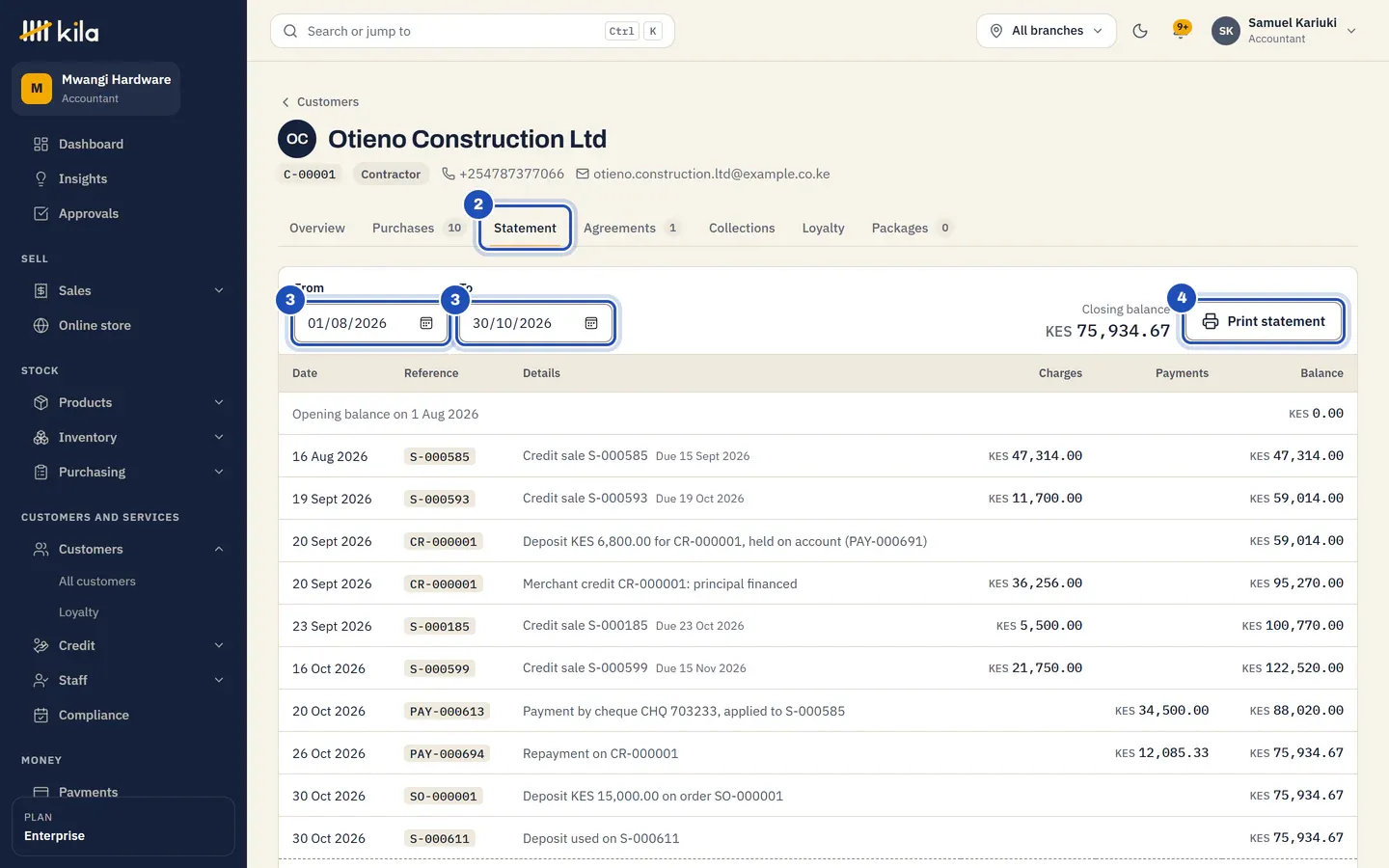 Otieno Construction Ltd's statement tab (2) for the last 90 days (3): the opening balance, credit sales with their due dates, a deposit, a payment by cheque and a repayment, each with the balance after it, and the closing balance at the top. Print statement is marked 4.