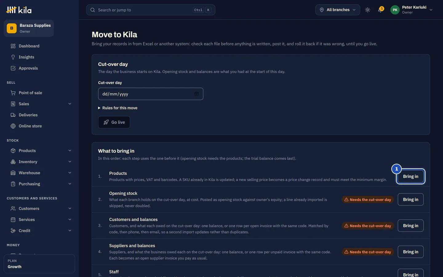 Move to Kila at Baraza Supplies: the cut-over day, and What to bring in, in order: Products, Opening stock, Customers and balances, Suppliers and balances, Staff and Opening trial balance. Bring in next to Products is marked 1.
