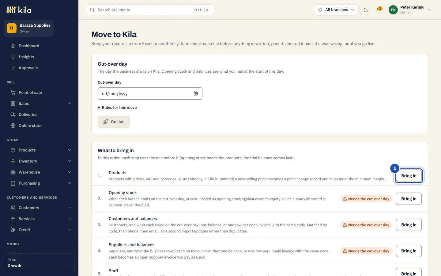 Move to Kila at Baraza Supplies: the cut-over day, and What to bring in, in order: Products, Opening stock, Customers and balances, Suppliers and balances, Staff and Opening trial balance. Bring in next to Products is marked 1.