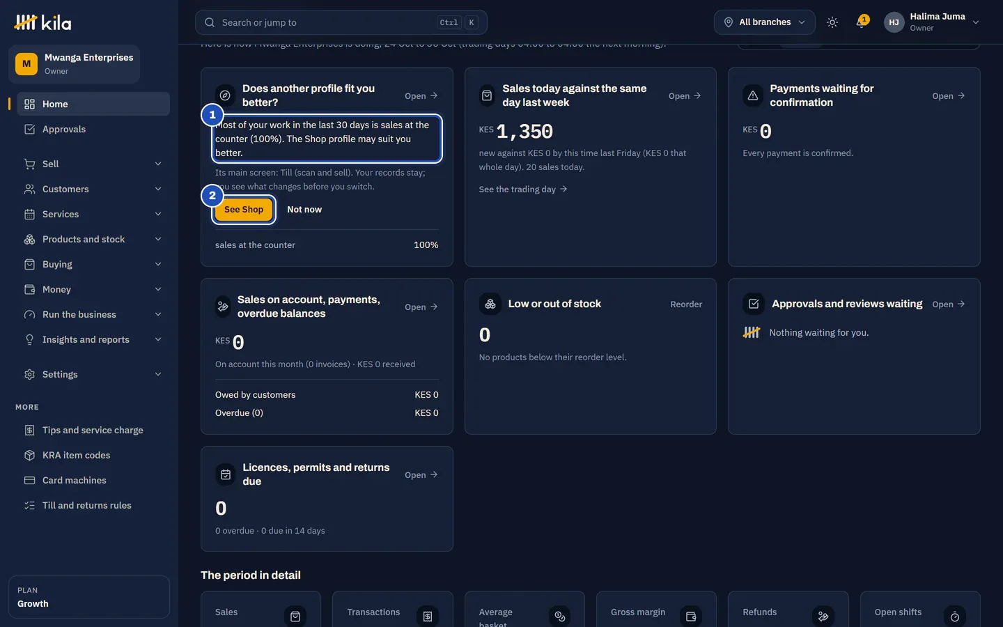 Halima Juma's home page: Does another profile fit you better? says Most of your work in the last 30 days is sales at the counter (100%). The Shop profile may suit you better (1), with See Shop (2), Not now and the share sales at the counter 100%.