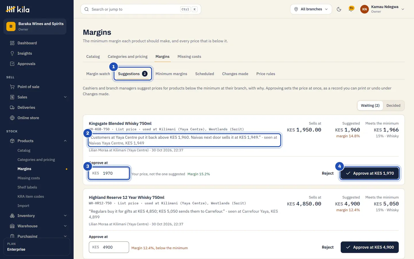 Suggestions waiting at Baraka Wines and Spirits (1): Lilian Moraa at Kilimani (Yaya Centre) suggests KES 1,960 for Kingsgate Blended Whisky 750ml, with her reason (2). The owner has typed KES 1,970 in Approve at (3), a 15.2% margin, and Approve at KES 1,970 is marked 4.