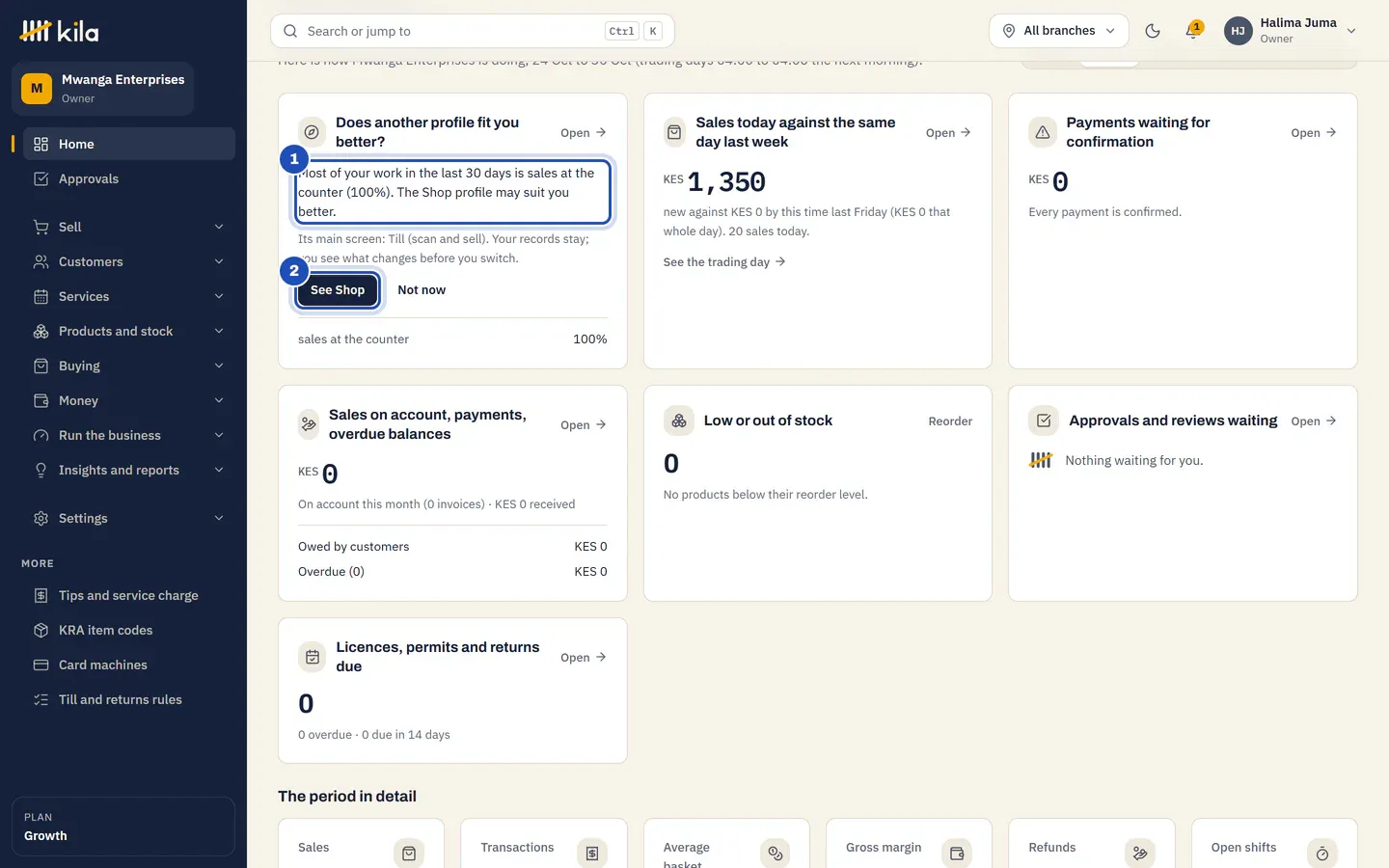 Halima Juma's home page: Does another profile fit you better? says Most of your work in the last 30 days is sales at the counter (100%). The Shop profile may suit you better (1), with See Shop (2), Not now and the share sales at the counter 100%.