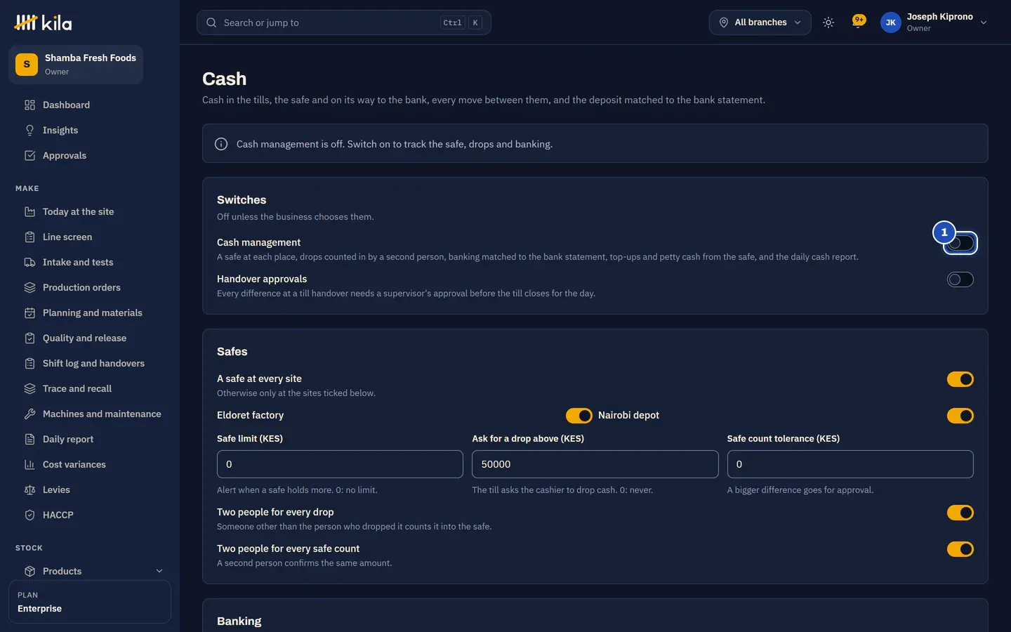 Cash with cash management off: the Switches, with Cash management marked 1.