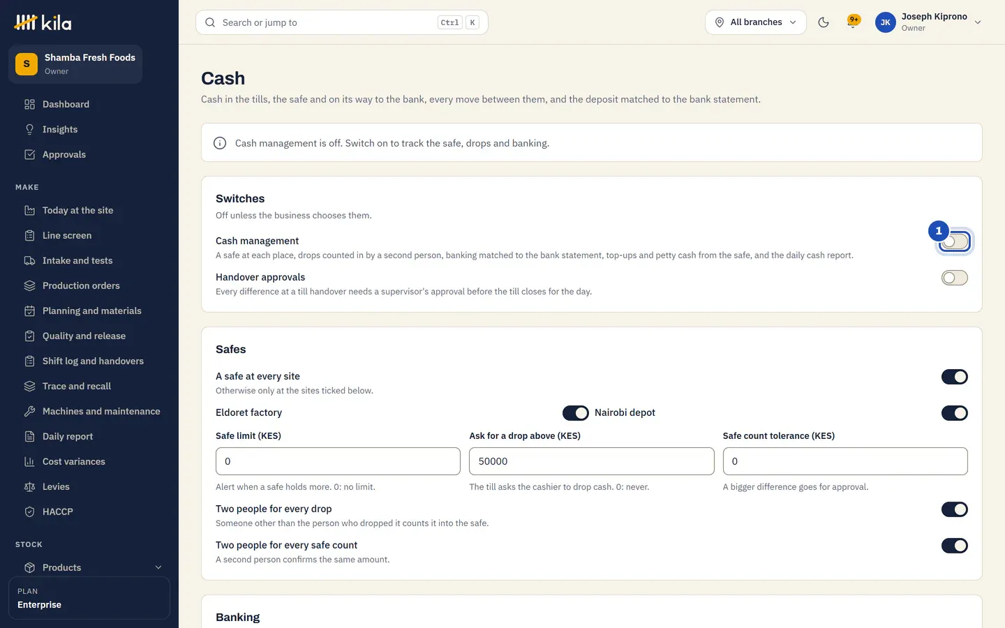 Cash with cash management off: the Switches, with Cash management marked 1.