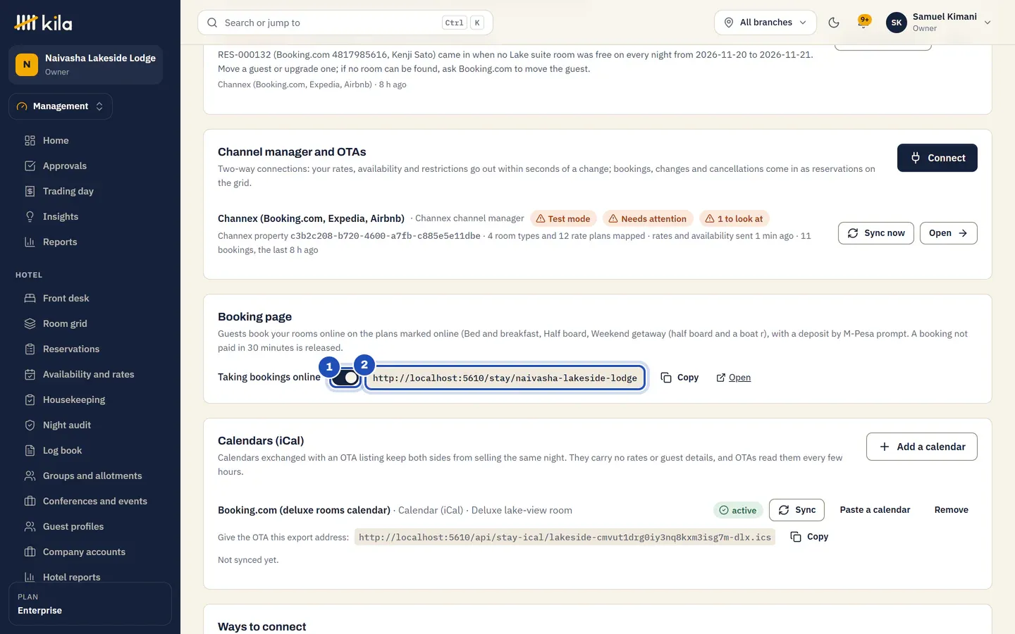 Booking page and channels at Naivasha Lakeside Lodge, Booking page: the plans sold online, Taking bookings online switched on (1), and the page's address (2) with Copy and Open.