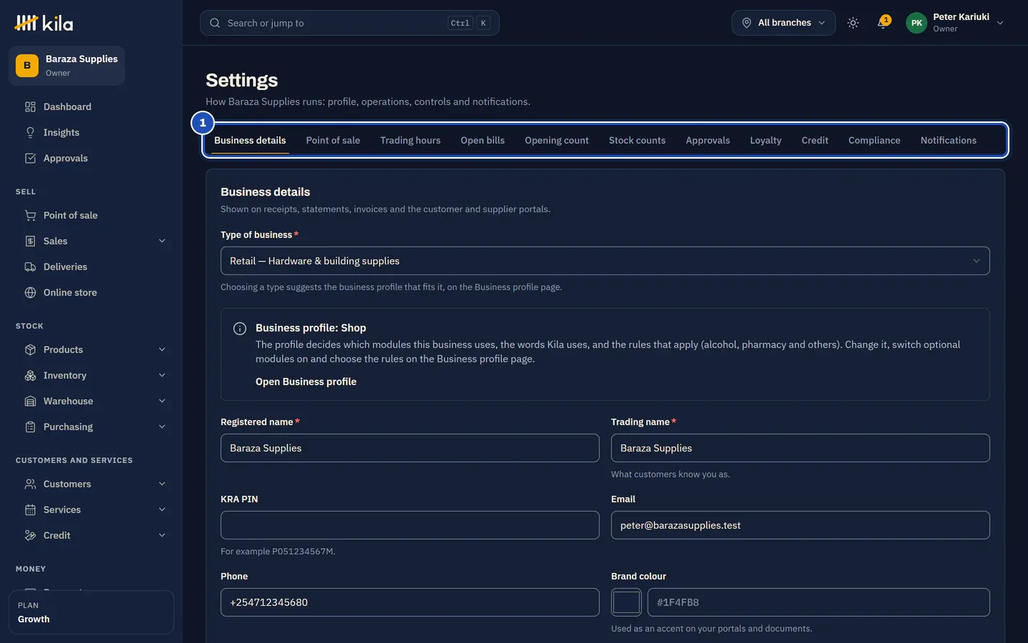 Settings at Baraza Supplies: the tabs from Business details to Notifications (1), with the business details form open.