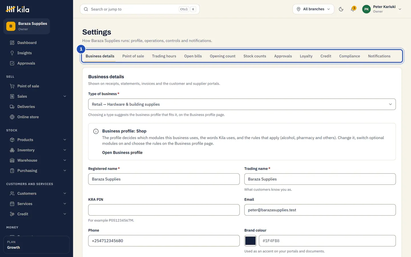 Settings at Baraza Supplies: the tabs from Business details to Notifications (1), with the business details form open.