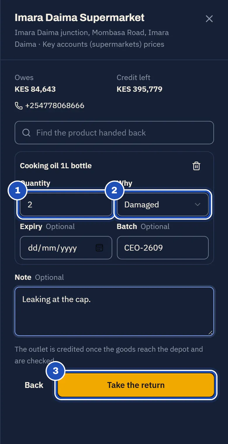Take a return on Kevin Otieno's phone at a shop on his beat: two cooking oil 1L bottles (1), Damaged (2), batch CEO-2609, a note that they leak at the cap, and Take the return marked 3.