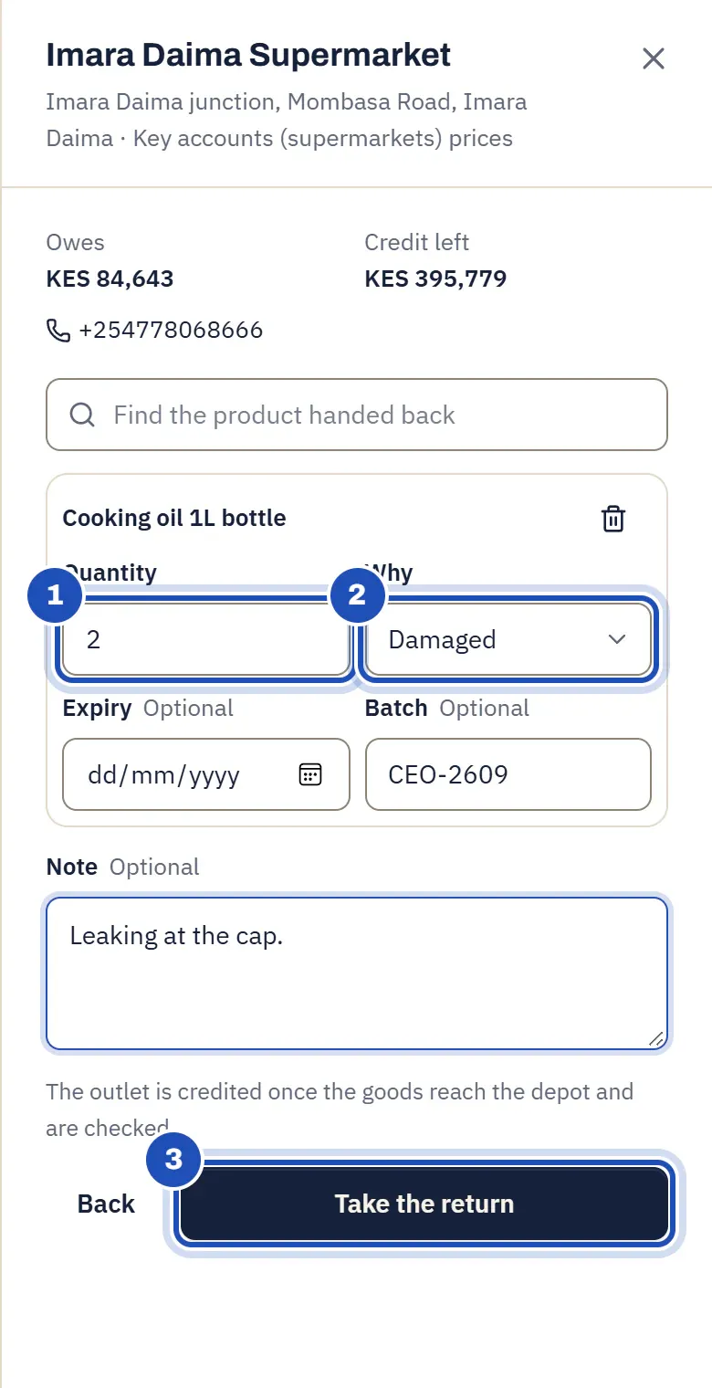 Take a return on Kevin Otieno's phone at a shop on his beat: two cooking oil 1L bottles (1), Damaged (2), batch CEO-2609, a note that they leak at the cap, and Take the return marked 3.