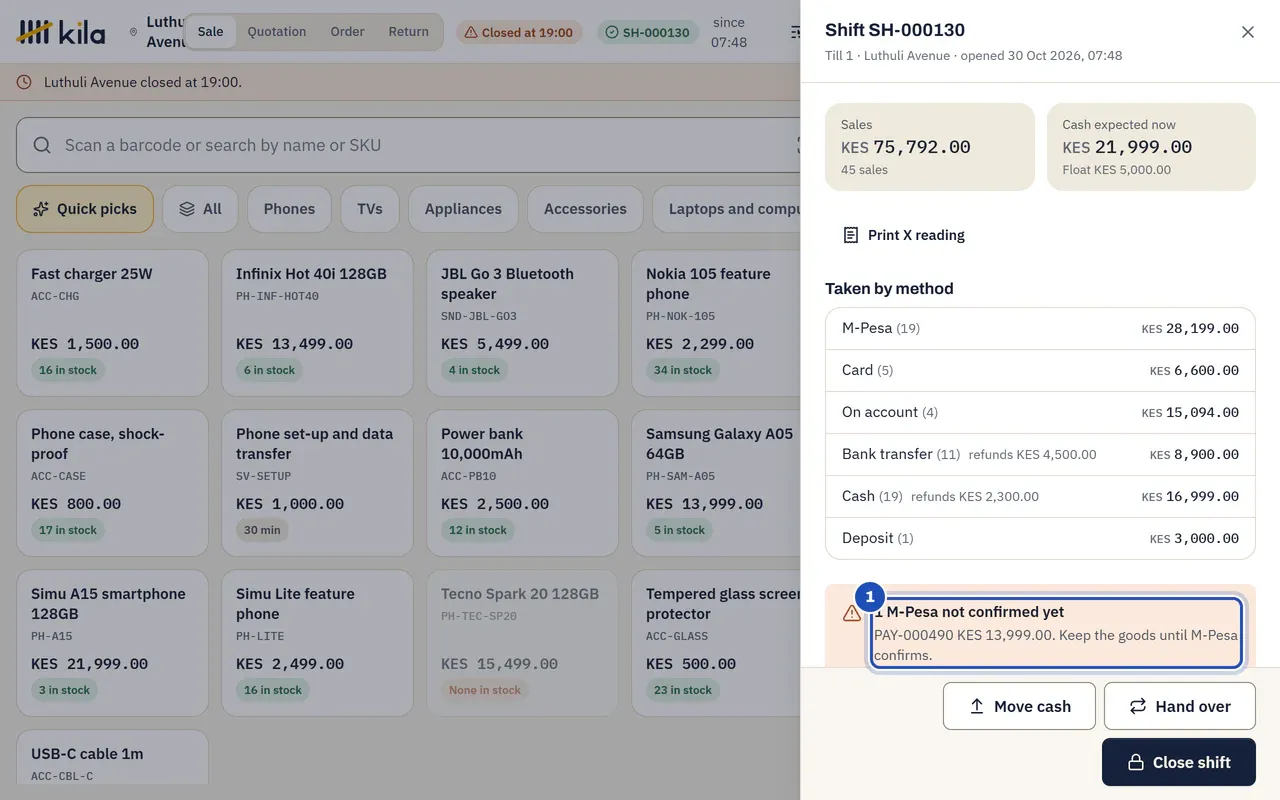 Kevin Otieno's shift panel: 1 M-Pesa not confirmed yet, PAY-000490 KES 13,999.00. Keep the goods until M-Pesa confirms (1).