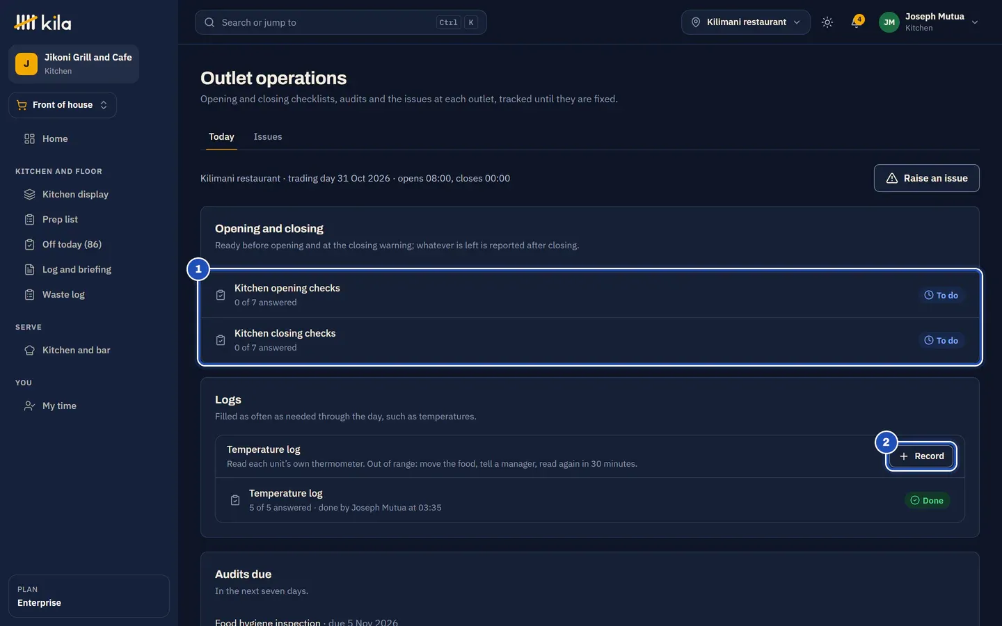 Outlet operations for Joseph Mutua at Kilimani restaurant, on Today: under Opening and closing, the Kitchen opening checks and the Kitchen closing checks, each with how many items are answered and its status (1), and under Logs the Temperature log with its guidance and Record (2).
