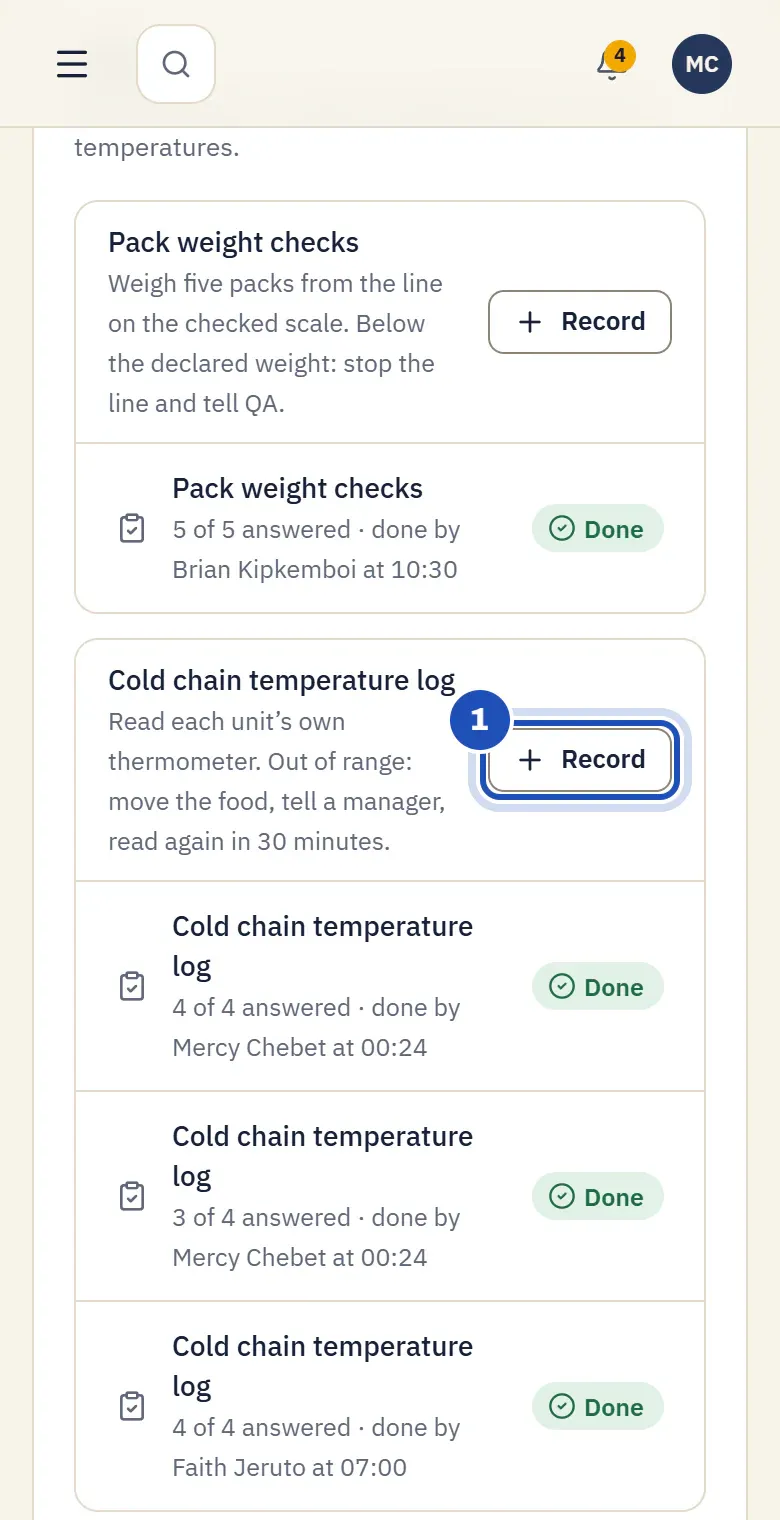 Site operations, Today, at the Eldoret factory: the logs, with Record on the cold chain temperature log marked 1.