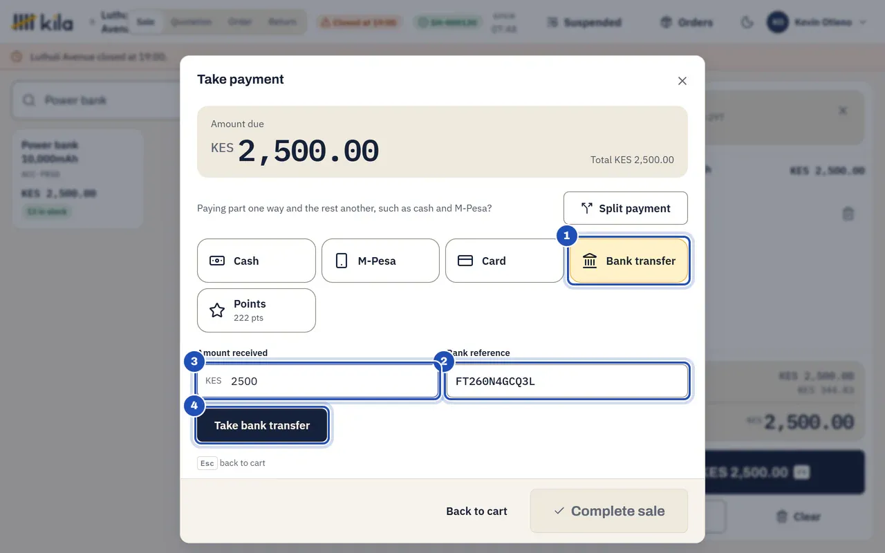Take payment for a power bank, KES 2,500.00: Bank transfer is chosen (1), a bank reference is typed (2), Amount received shows 2500 (3) and Take bank transfer is marked 4.