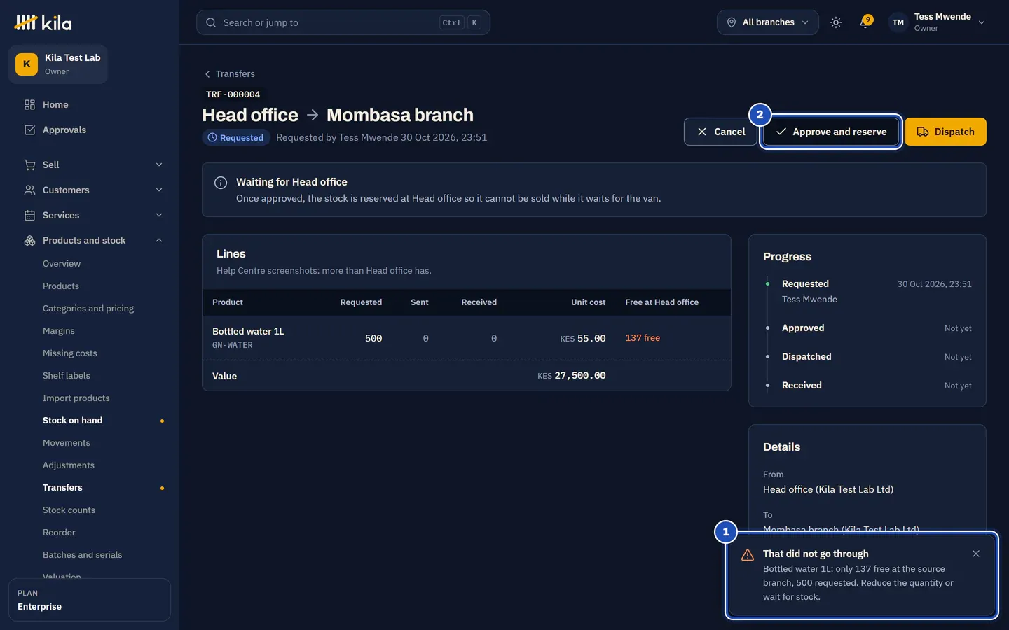 A transfer from Head office to Mombasa branch asks for 500 bottles of water, with fewer free at Head office. After Approve and reserve (2): That did not go through. Bottled water 1L: only … free at the source branch, 500 requested. Reduce the quantity or wait for stock (1).