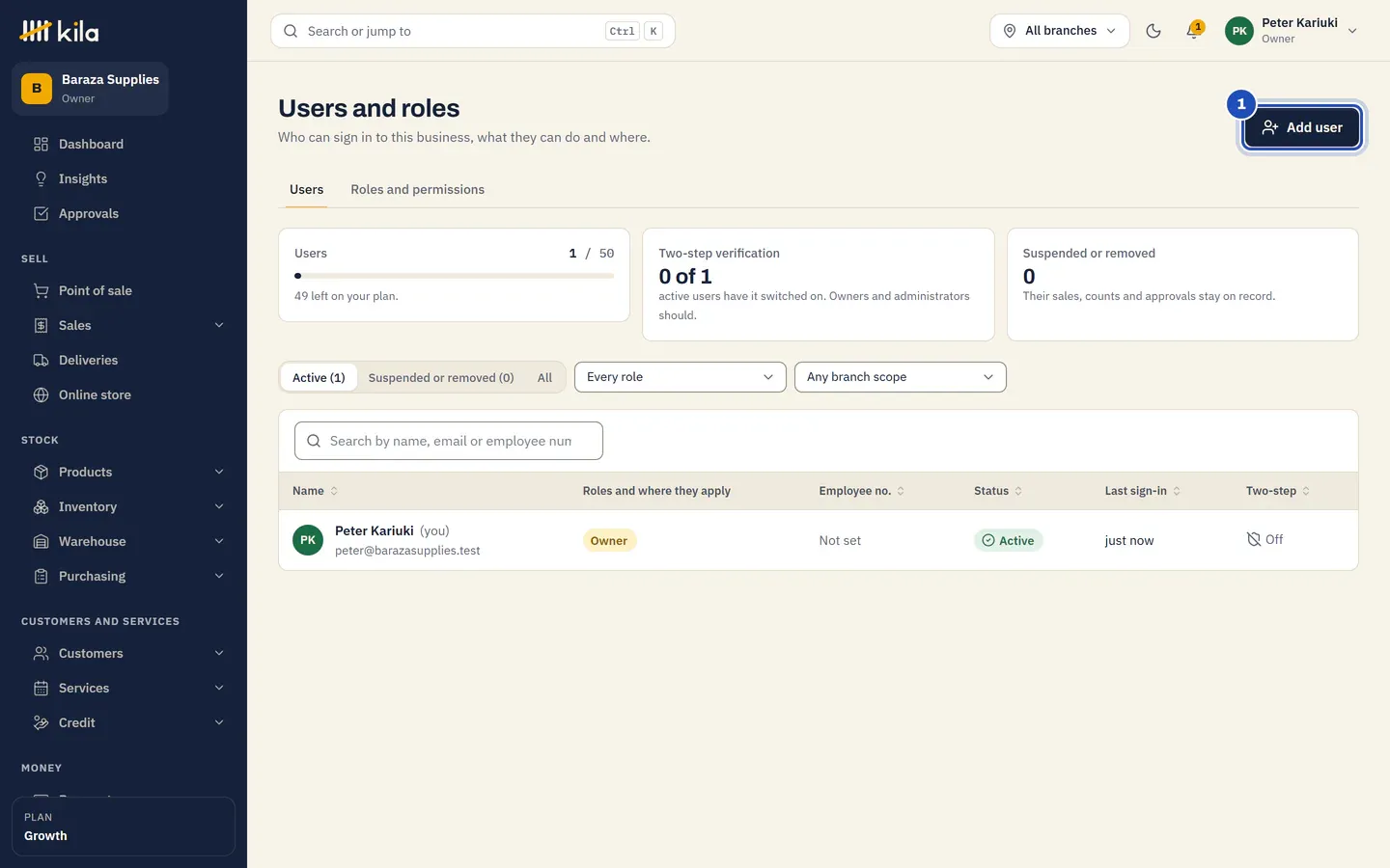 Users and roles at Baraza Supplies: one user of 50, 49 left on the plan, and Peter Kariuki as the owner. Add user is marked 1.