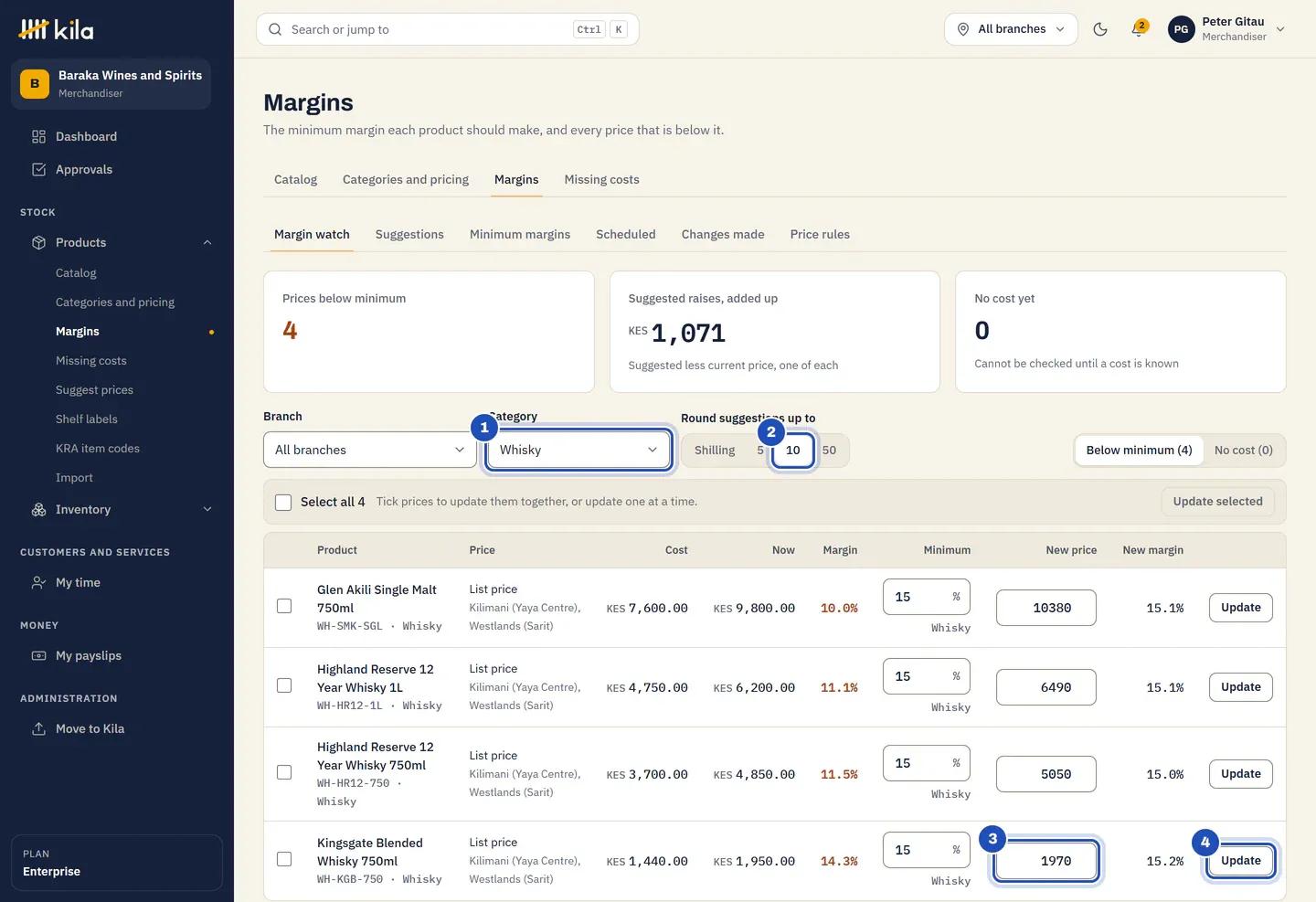 Margin watch at Baraka Wines and Spirits for Whisky (1), rounded up to 10 (2): Kingsgate Blended Whisky 750ml sells at KES 1,950.00 with a 14.3% margin against a 15% minimum, and its new price is KES 1,970 (3) with Update beside it (4).