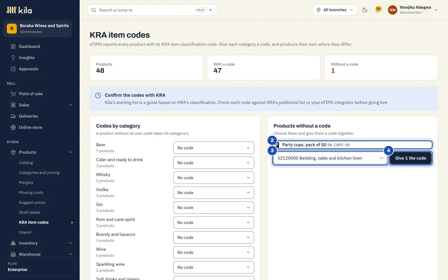 KRA item codes at Baraka Wines and Spirits: 48 products, 47 with a code and 1 without. Under Products without a code, Party cups, pack of 50 is ticked (2), the code 52120000 Bedding, table and kitchen linen is chosen (3), and Give 1 the code is marked 4.