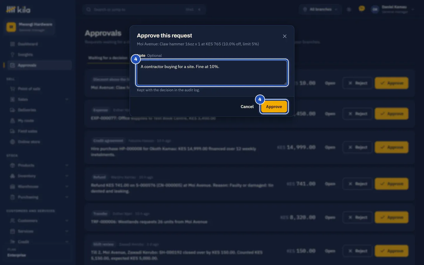 Approve this request: the claw hammer at 10% off, with the note A contractor buying for a site and the Approve button, both marked 4.