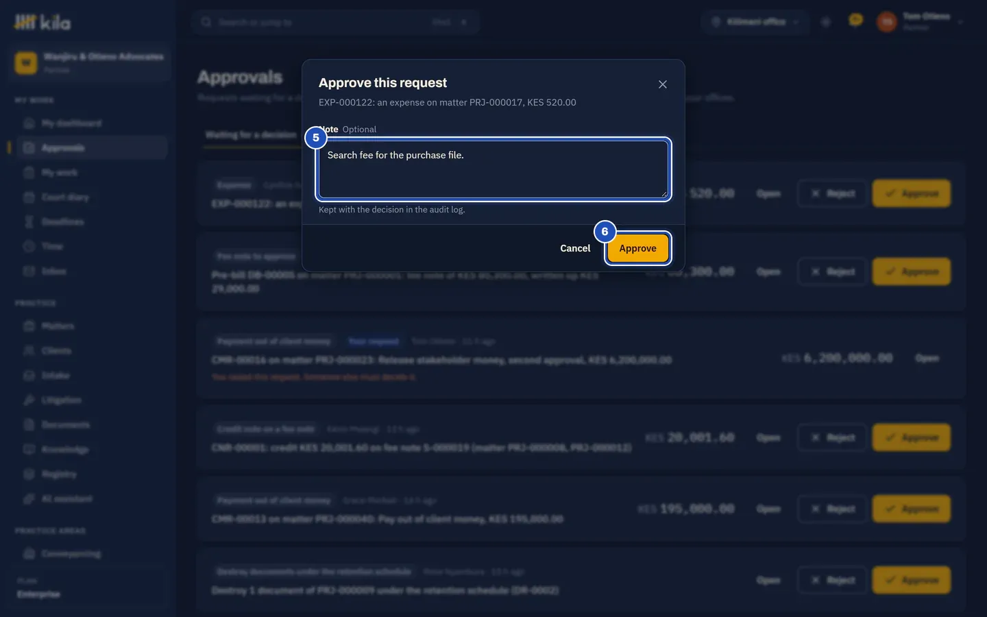 Approve this request: the expense's summary, a note (5) and Approve (6).