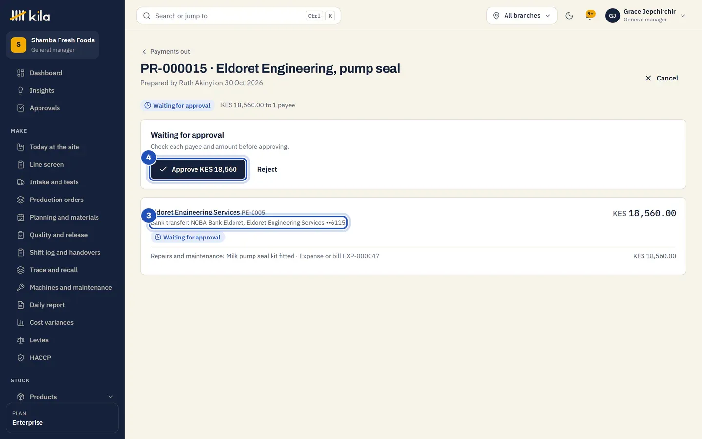 The run: one payment by bank transfer to Eldoret Engineering Services (3), with Approve KES 18,560 (4).