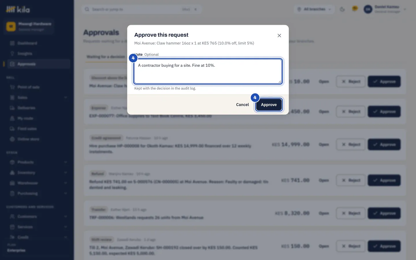 Approve this request: the claw hammer at 10% off, with the note A contractor buying for a site and the Approve button, both marked 4.
