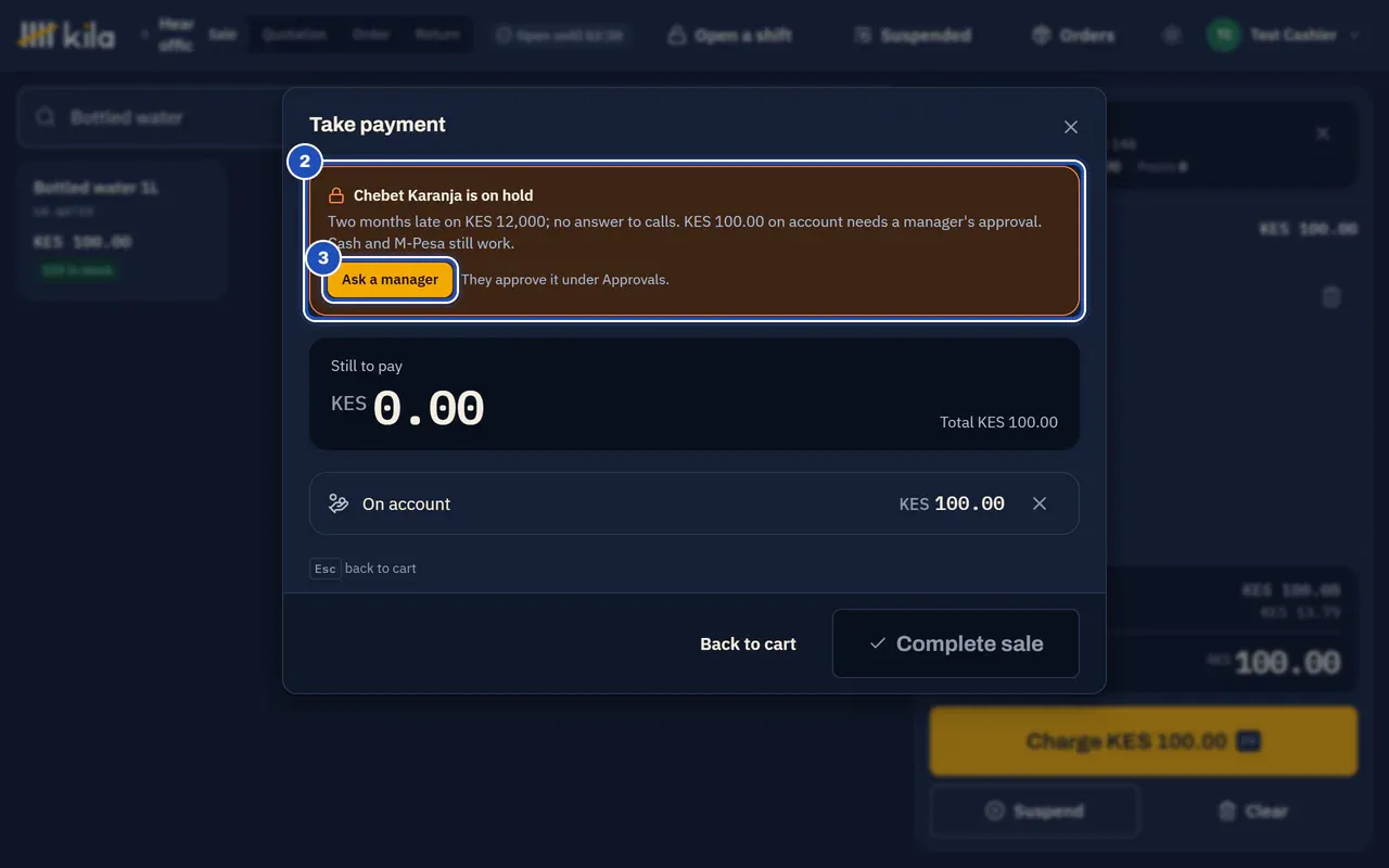 The payment for Chebet Karanja with KES 100.00 on account: Chebet Karanja is on hold. Two months late on KES 12,000; no answer to calls. KES 100.00 on account needs a manager's approval. Cash and M-Pesa still work (2), with Ask a manager (3) and They approve it under Approvals.