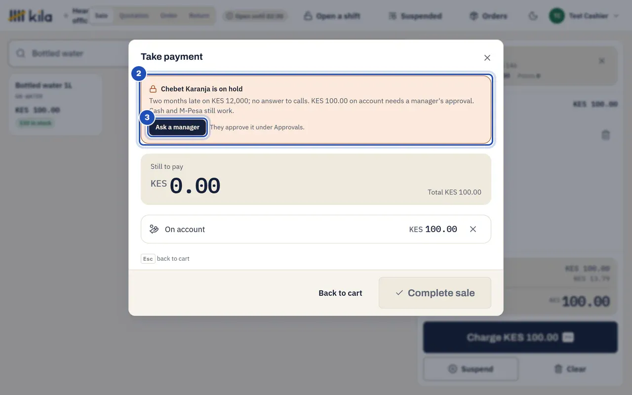 The payment for Chebet Karanja with KES 100.00 on account: Chebet Karanja is on hold. Two months late on KES 12,000; no answer to calls. KES 100.00 on account needs a manager's approval. Cash and M-Pesa still work (2), with Ask a manager (3) and They approve it under Approvals.