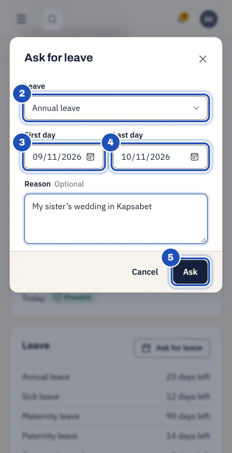 Ask for leave: Annual leave (2), first day 9 Nov 2026 (3), last day 10 Nov 2026 (4) and Ask (5).