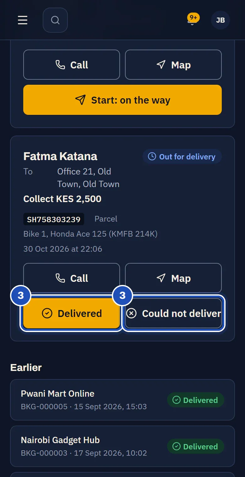 The parcel on its way, with Delivered and Could not deliver, both marked 3.