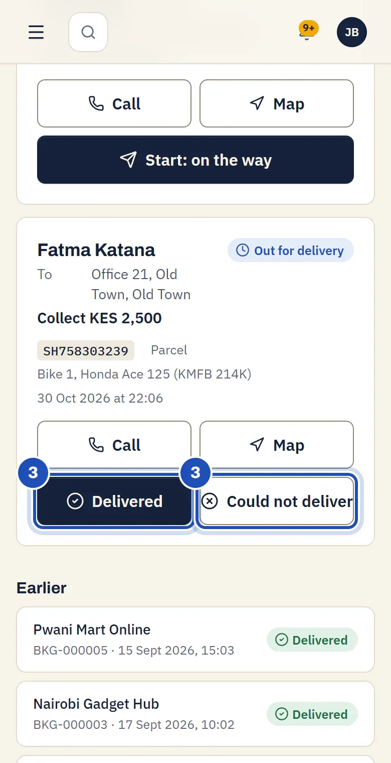 The parcel on its way, with Delivered and Could not deliver, both marked 3.
