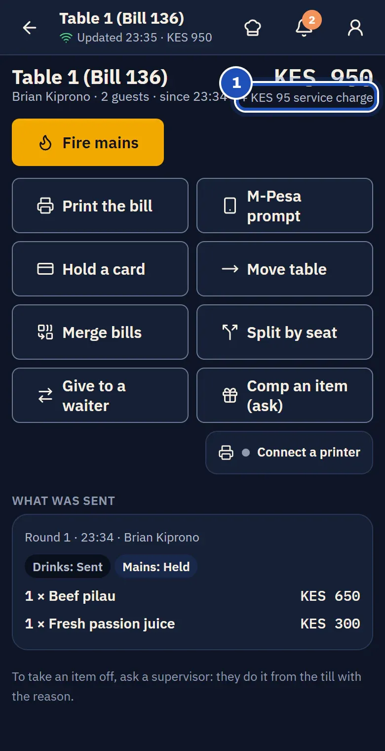 Table 1's bill on Kila Floor: KES 950 with + KES 95 service charge under it, marked 1.