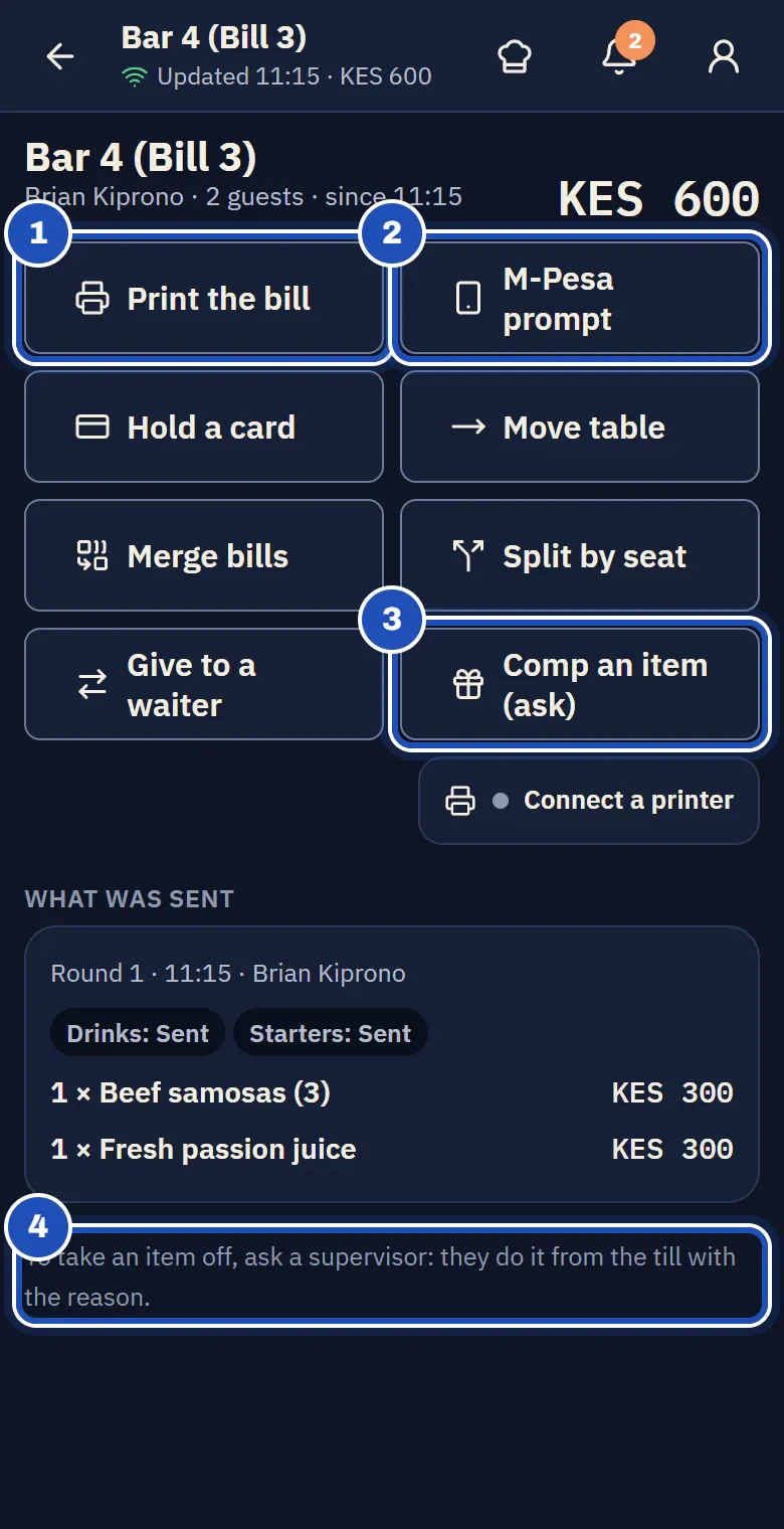 Bar 4's bill of KES 600 on Brian Kiprono's phone: Print the bill (1), M-Pesa prompt (2), Comp an item (ask) (3), the round sent with beef samosas and a fresh passion juice, and at the bottom To take an item off, ask a supervisor: they do it from the till with the reason. (4)