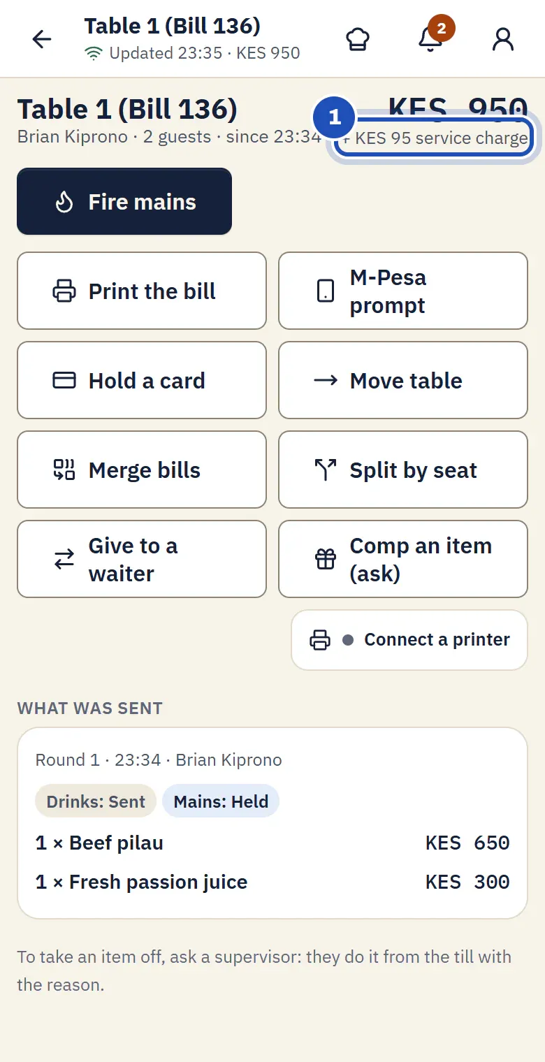 Table 1's bill on Kila Floor: KES 950 with + KES 95 service charge under it, marked 1.