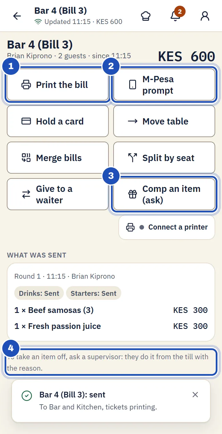 Bar 4's bill of KES 600 on Brian Kiprono's phone: Print the bill (1), M-Pesa prompt (2), Comp an item (ask) (3), the round sent with beef samosas and a fresh passion juice, and at the bottom To take an item off, ask a supervisor: they do it from the till with the reason. (4)