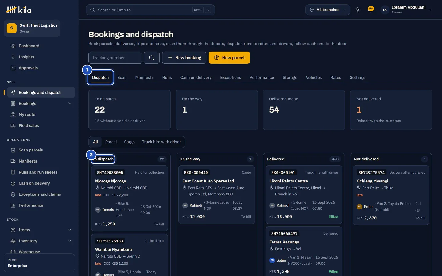 Bookings and dispatch at Swift Haul Logistics: the Dispatch tab (1) and its board, with the column To dispatch (2), then On the way, Delivered and Not delivered.