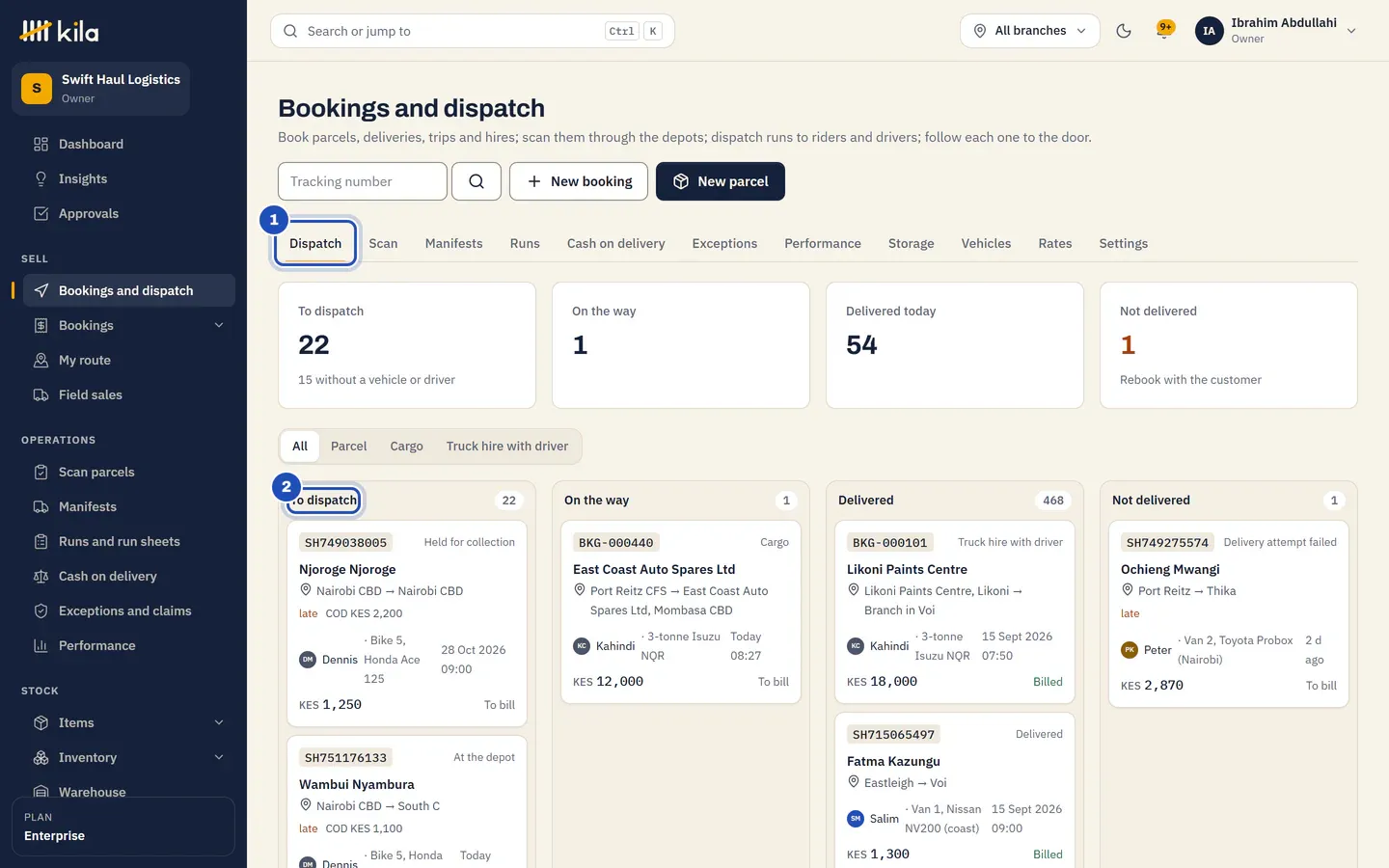 Bookings and dispatch at Swift Haul Logistics: the Dispatch tab (1) and its board, with the column To dispatch (2), then On the way, Delivered and Not delivered.